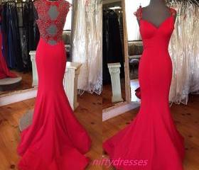 Long Satin Red Mermaid Prom Dresses ,Formal Evening Party Gowns,Women
