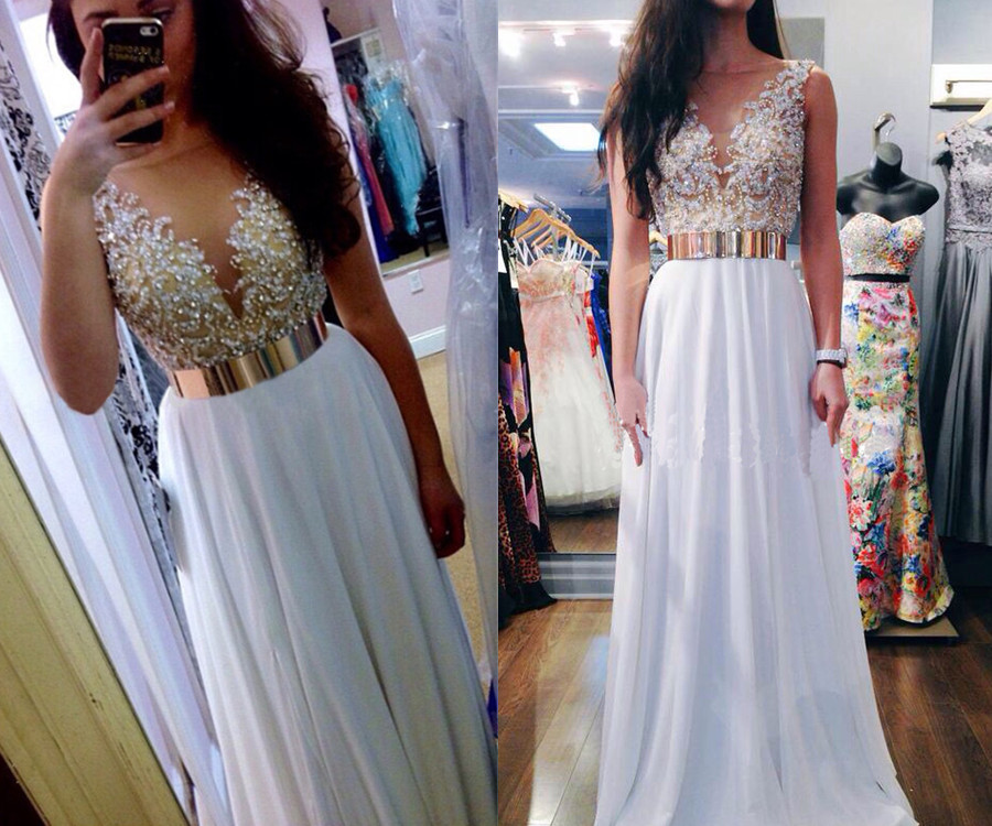 White Long Prom Dresses,Scoop Neck Evening Gown,Prom Party Dress,Beading Evening Dress,Golden
