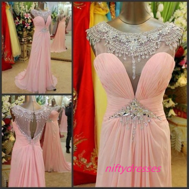 Cap Sleeve Prom Dresses,Crystal Beaded Pink Prom Dress,Chiffon Long