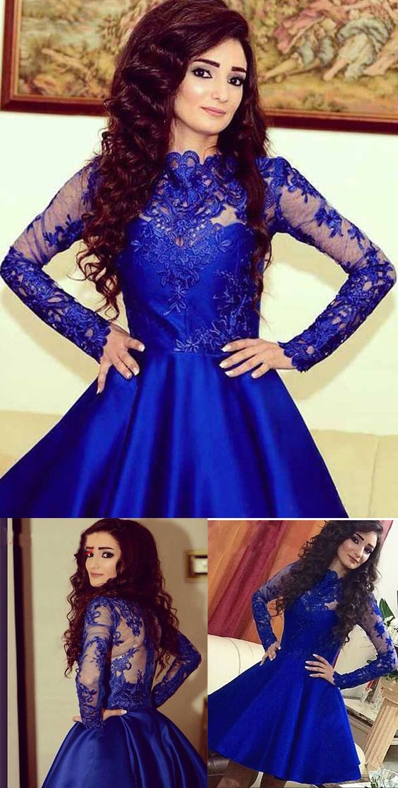 Long Sleeve Prom Dress,Royal Blue Graduation Dress,See Though Prom Gown